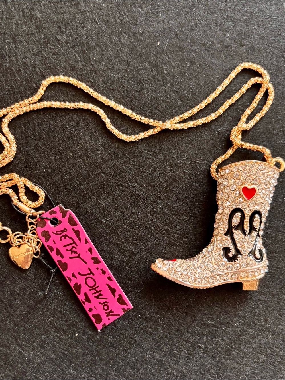 Betsey Johnson Gold Crystal Cowboy Boot Necklace with Pink Tag and Red Heart